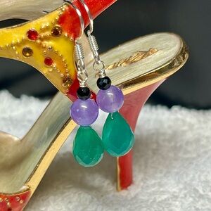 🌓 genuine green calcedony, purple jade and black spinel earrings